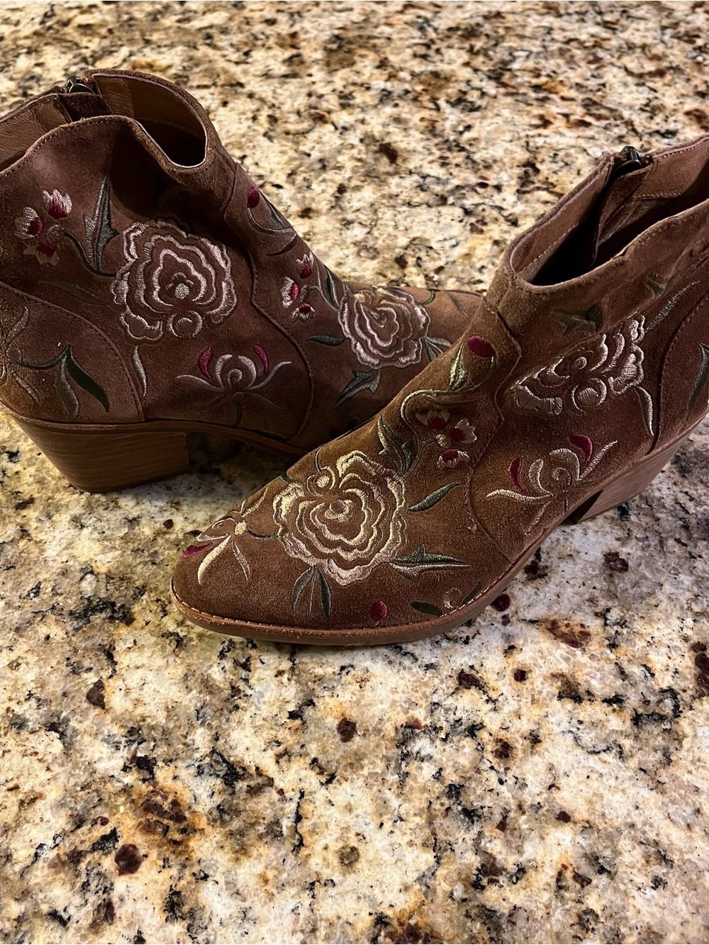 Sofft Brown Suede Floral Embroidered Ankle Booties